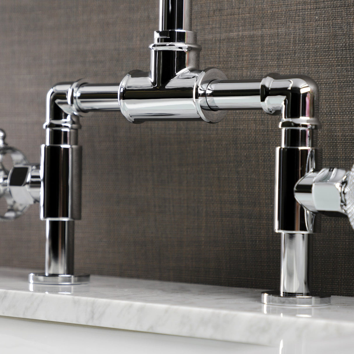 Webb KS2171RKX Two-Handle 2-Hole Deck Mount Bridge Bathroom Faucet with Knurled Handle and Push Pop-Up Drain, Polished Chrome