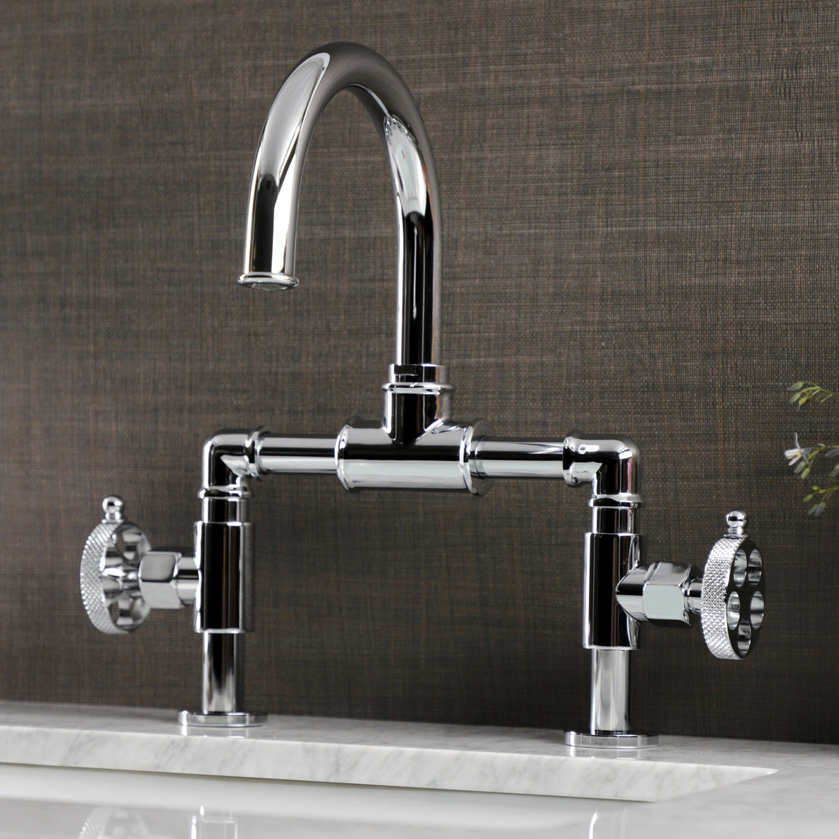 Webb KS2171RKX Two-Handle 2-Hole Deck Mount Bridge Bathroom Faucet with Knurled Handle and Push Pop-Up Drain, Polished Chrome