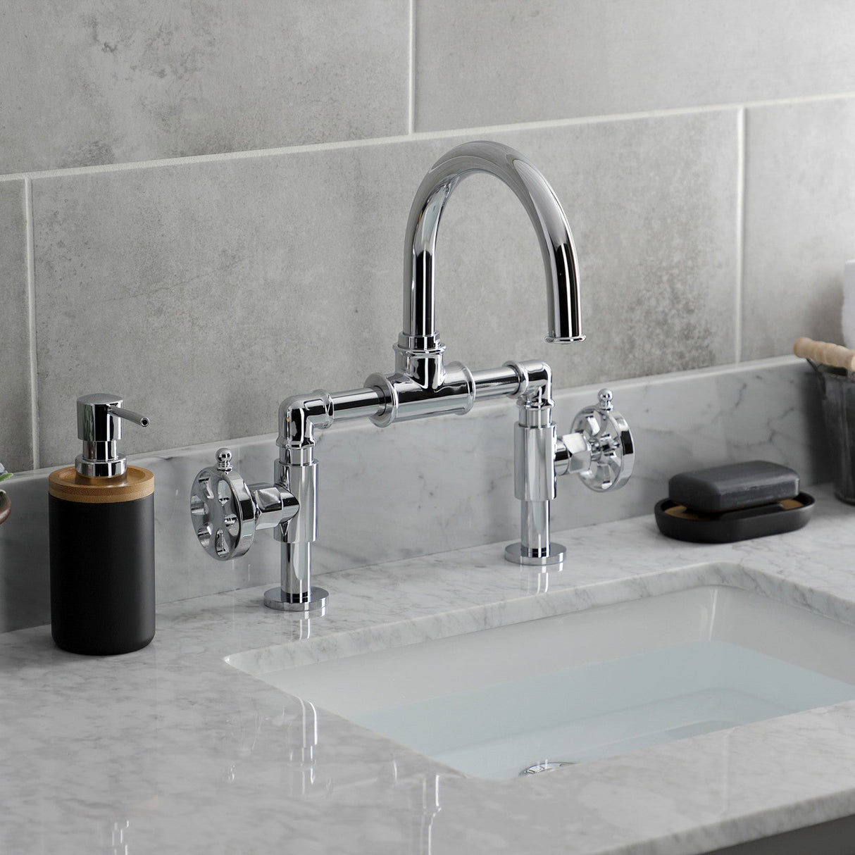 Belknap KS2171RX Two-Handle 2-Hole Deck Mount Bridge Bathroom Faucet with Pop-Up Drain, Polished Chrome