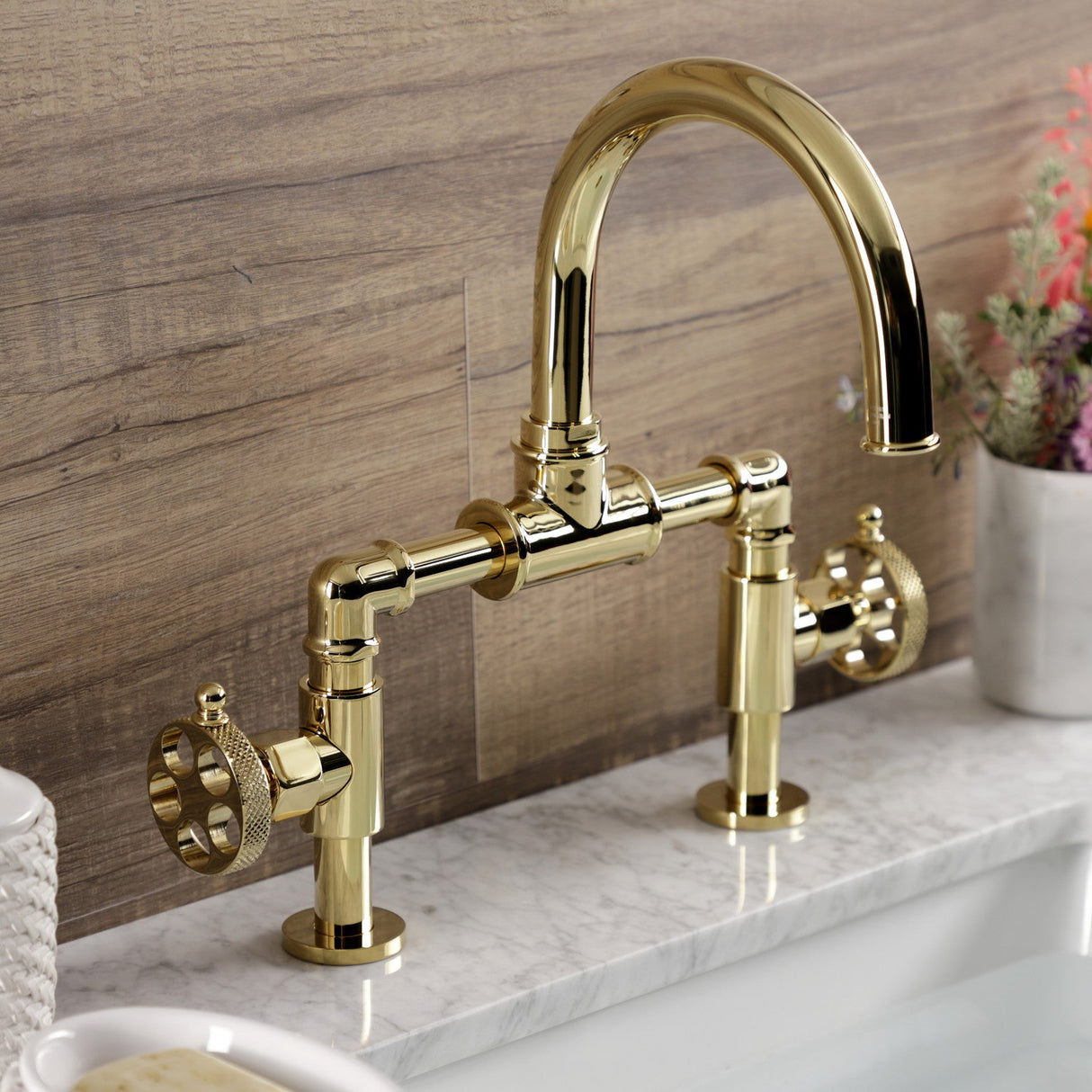 Webb KS2172RKX Two-Handle 2-Hole Deck Mount Bridge Bathroom Faucet with Knurled Handle and Push Pop-Up Drain, Polished Brass