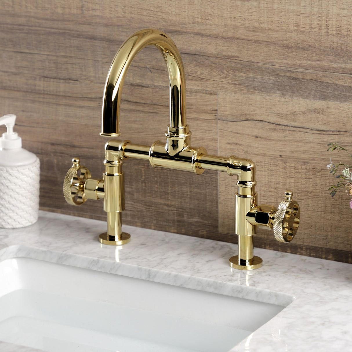 Webb KS2172RKX Two-Handle 2-Hole Deck Mount Bridge Bathroom Faucet with Knurled Handle and Push Pop-Up Drain, Polished Brass