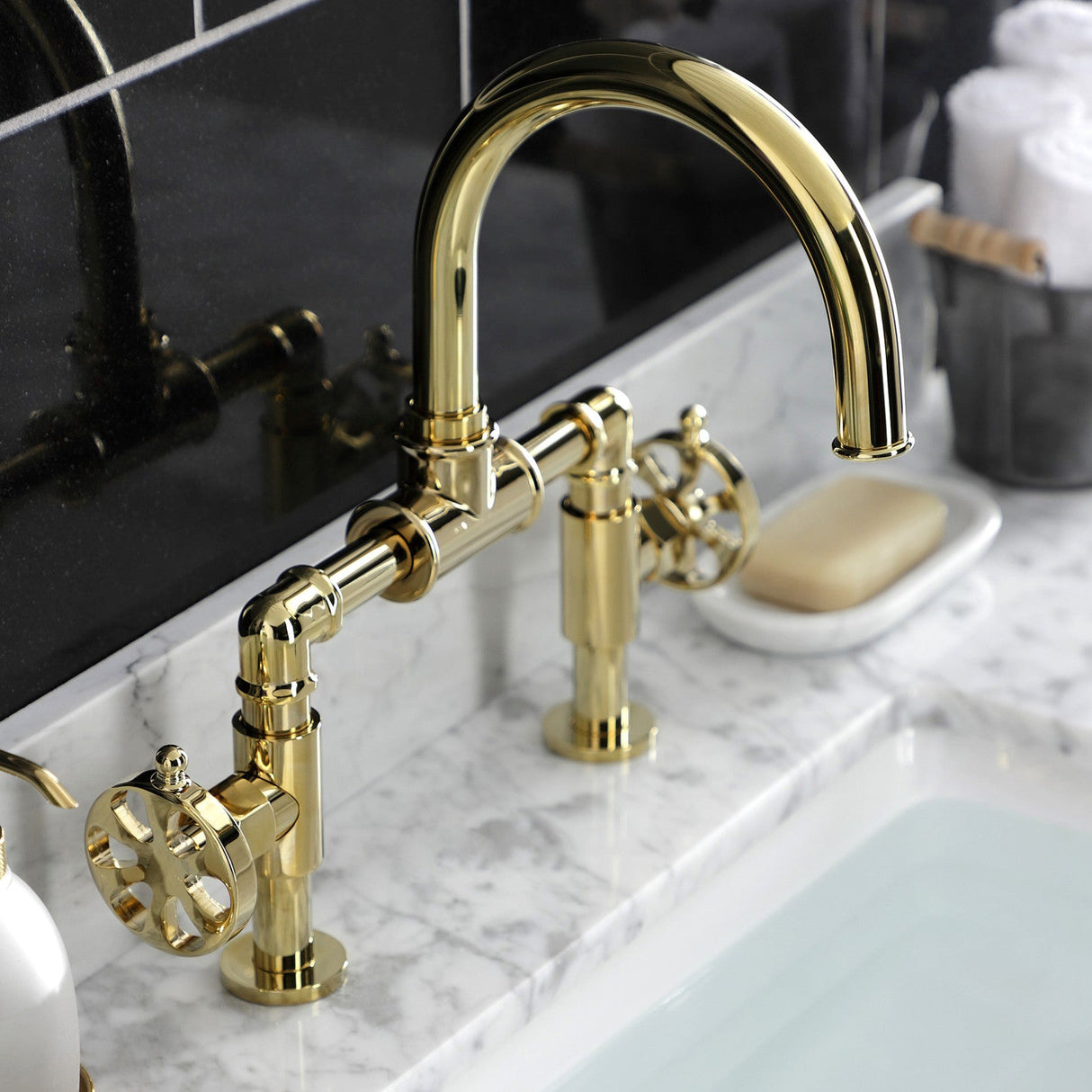 Belknap KS2172RX Two-Handle 2-Hole Deck Mount Bridge Bathroom Faucet with Pop-Up Drain, Polished Brass
