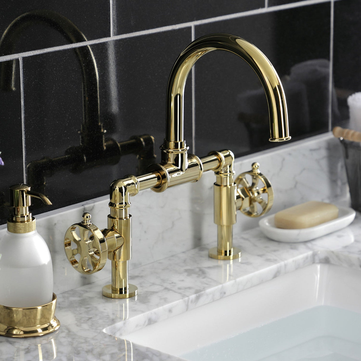 Belknap KS2172RX Two-Handle 2-Hole Deck Mount Bridge Bathroom Faucet with Pop-Up Drain, Polished Brass