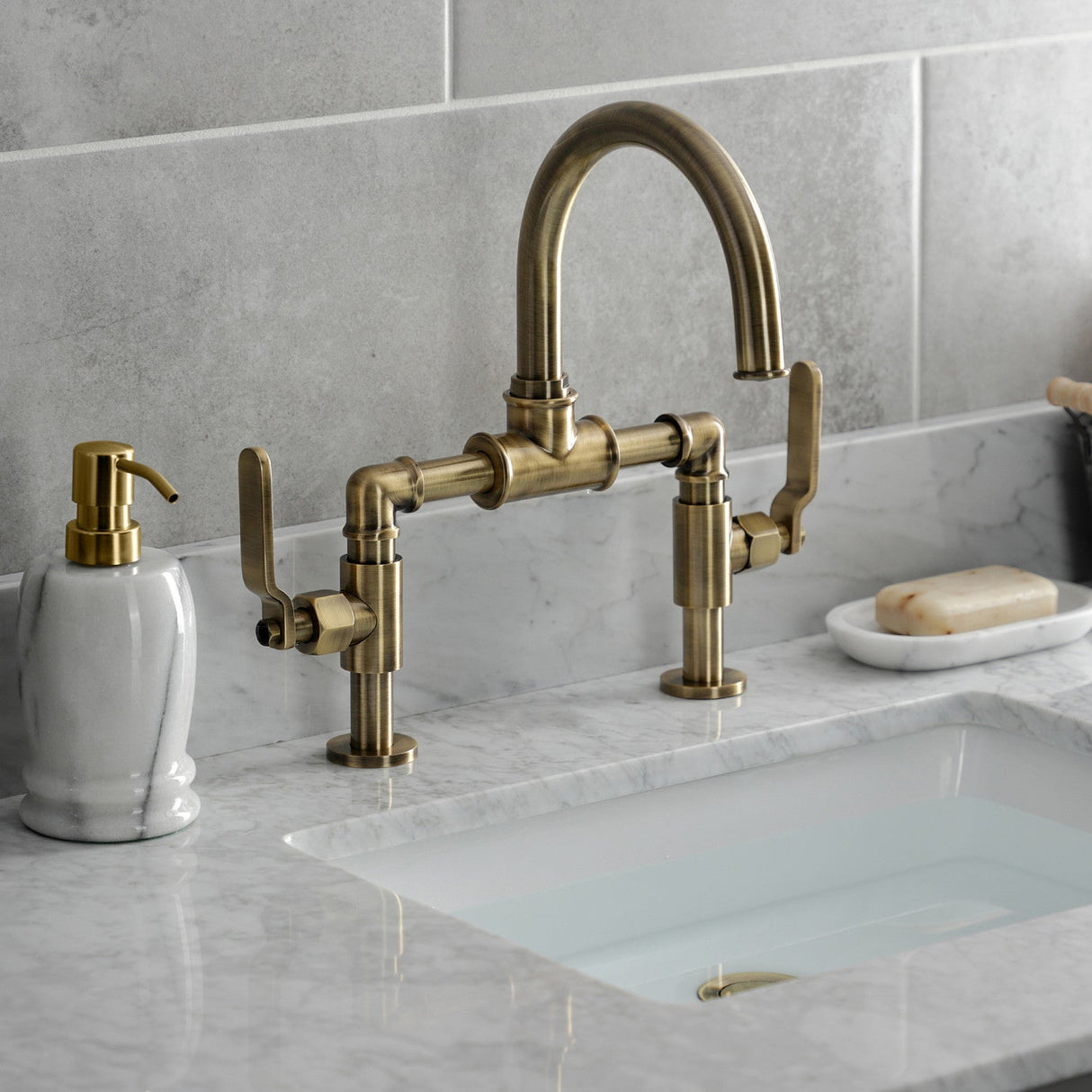 Whitaker KS2173KL Two-Handle 2-Hole Deck Mount Bridge Bathroom Faucet with Pop-Up Drain, Antique Brass