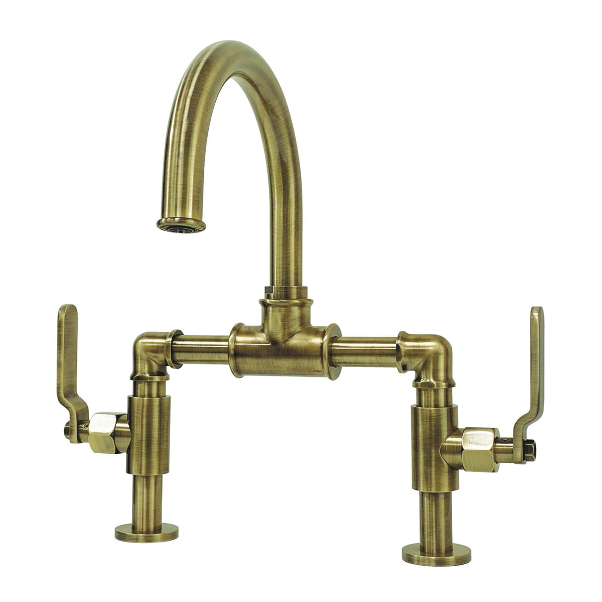 Whitaker KS2173KL Two-Handle 2-Hole Deck Mount Bridge Bathroom Faucet with Pop-Up Drain, Antique Brass