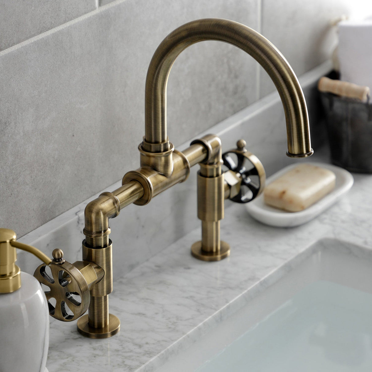 Belknap KS2173RX Two-Handle 2-Hole Deck Mount Bridge Bathroom Faucet with Pop-Up Drain, Antique Brass