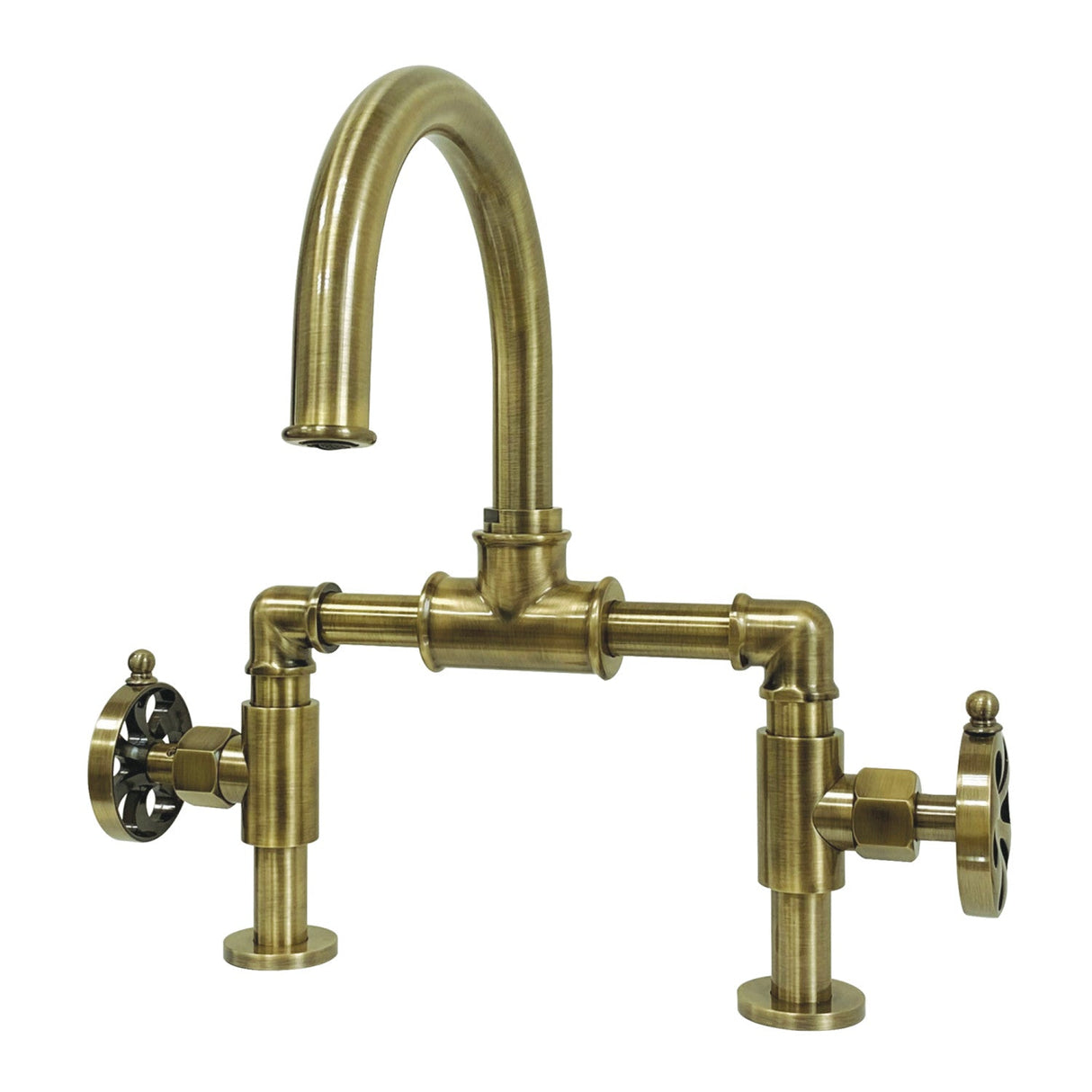 Belknap KS2173RX Two-Handle 2-Hole Deck Mount Bridge Bathroom Faucet with Pop-Up Drain, Antique Brass