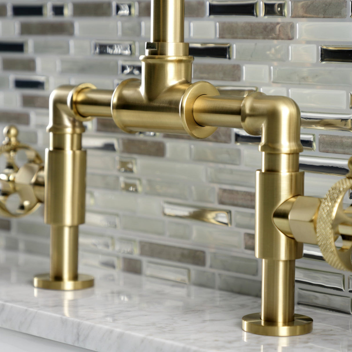 Webb KS2177RKX Two-Handle 2-Hole Deck Mount Bridge Bathroom Faucet with Knurled Handle and Push Pop-Up Drain, Brushed Brass