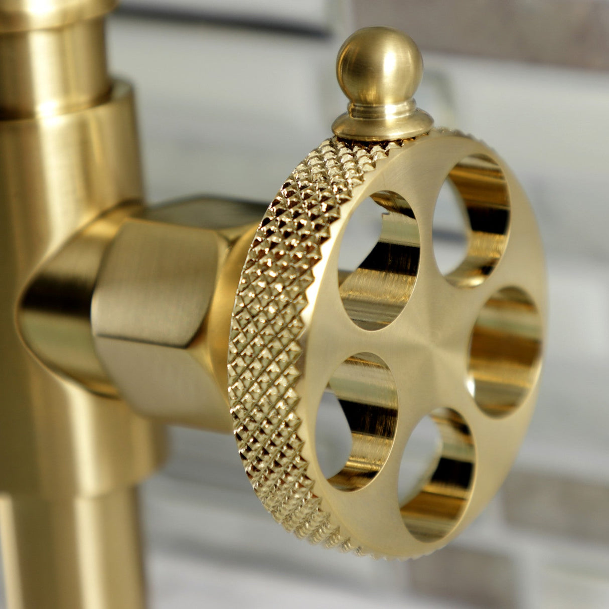 Webb KS2177RKX Two-Handle 2-Hole Deck Mount Bridge Bathroom Faucet with Knurled Handle and Push Pop-Up Drain, Brushed Brass