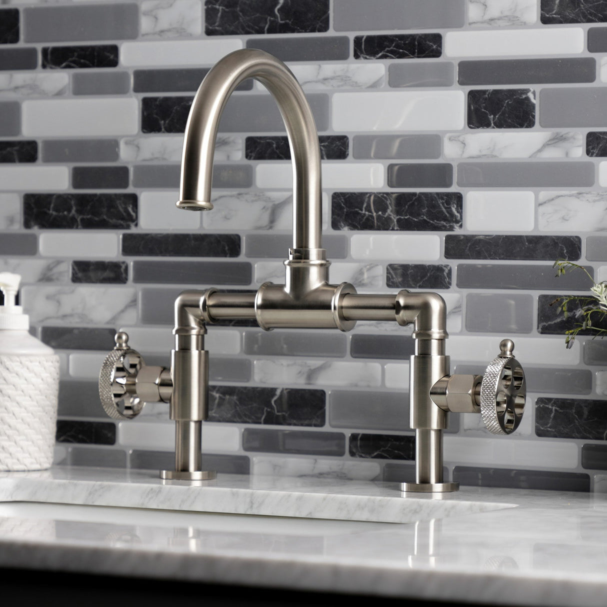 Webb KS2178RKX Two-Handle 2-Hole Deck Mount Bridge Bathroom Faucet with Knurled Handle and Push Pop-Up Drain, Brushed Nickel