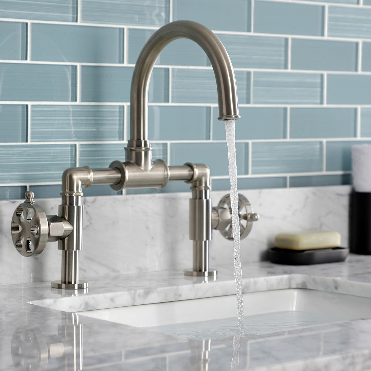 Belknap KS2178RX Two-Handle 2-Hole Deck Mount Bridge Bathroom Faucet with Pop-Up Drain, Brushed Nickel