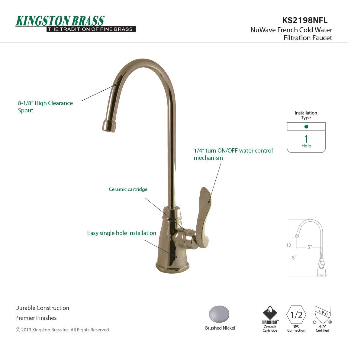 NuWave French KS2198NFL Single-Handle 1-Hole Deck Mount Water Filtration Faucet, Brushed Nickel