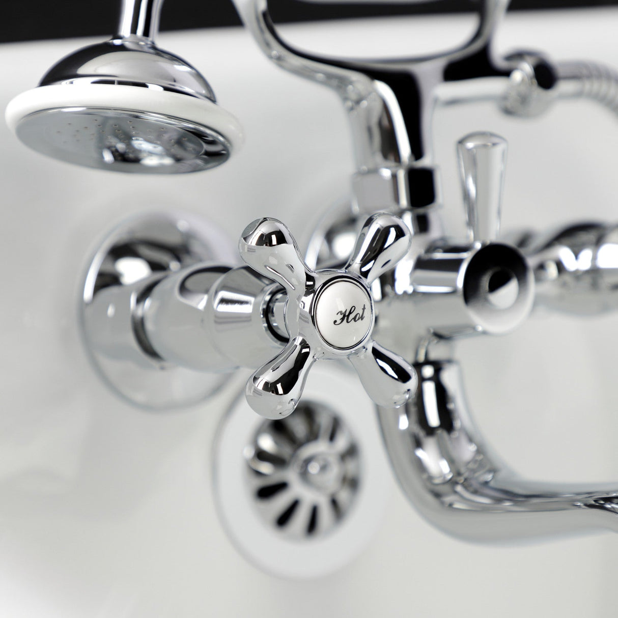 Kingston KS225C Three-Handle 2-Hole Tub Wall Mount Clawfoot Tub Faucet with Handshower, Polished Chrome