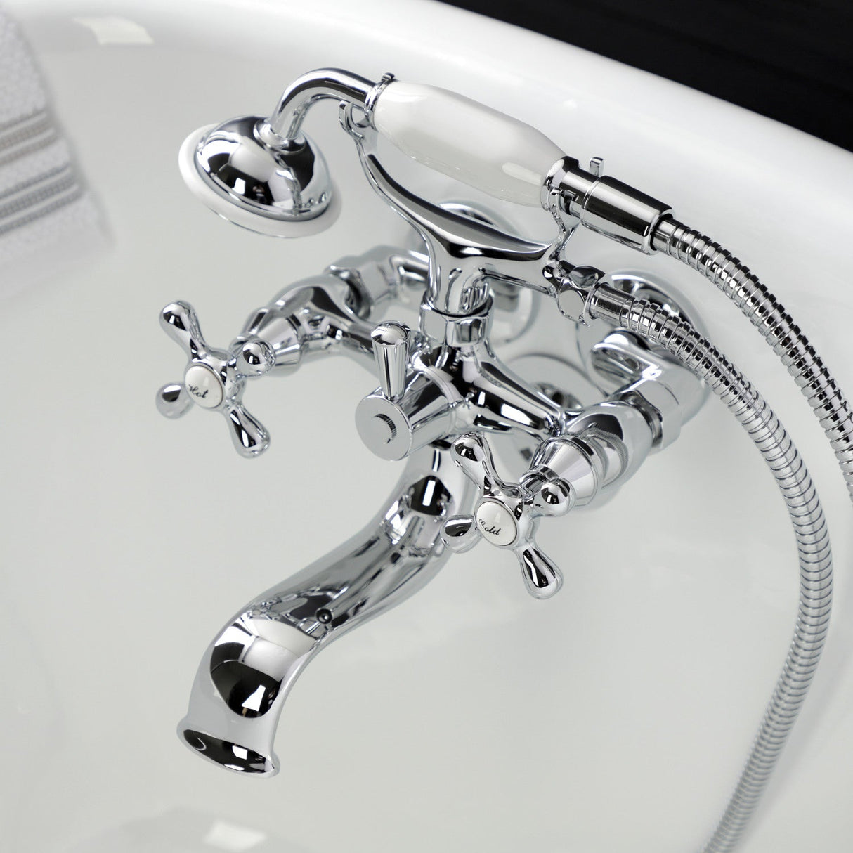 Kingston KS225C Three-Handle 2-Hole Tub Wall Mount Clawfoot Tub Faucet with Handshower, Polished Chrome