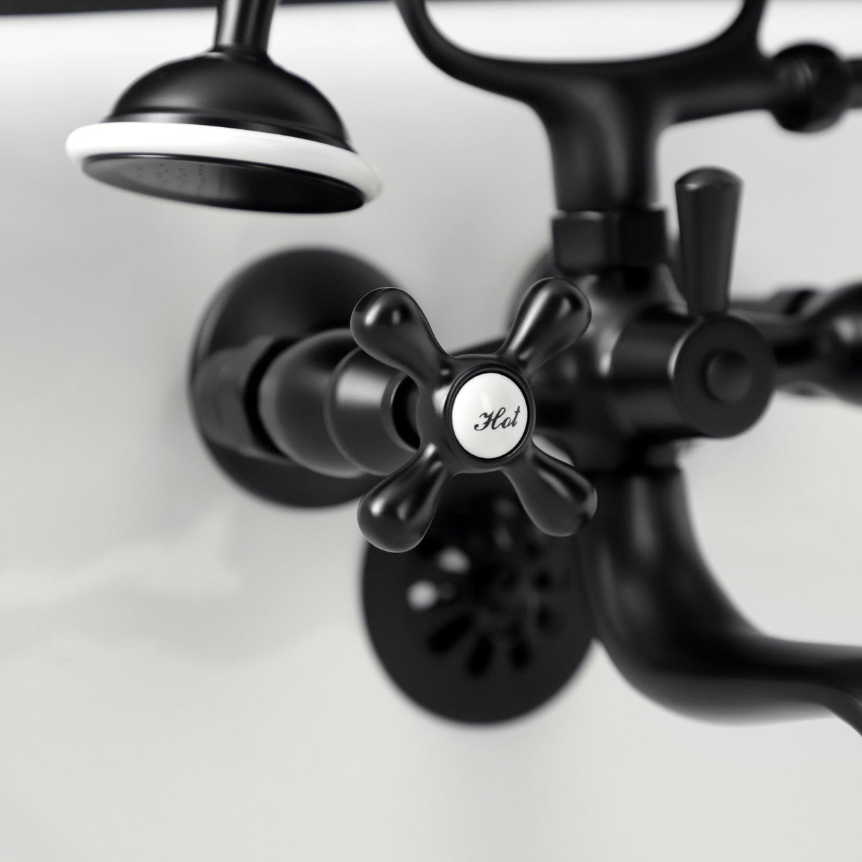 Kingston KS225MB Three-Handle 2-Hole Tub Wall Mount Clawfoot Tub Faucet with Handshower, Matte Black