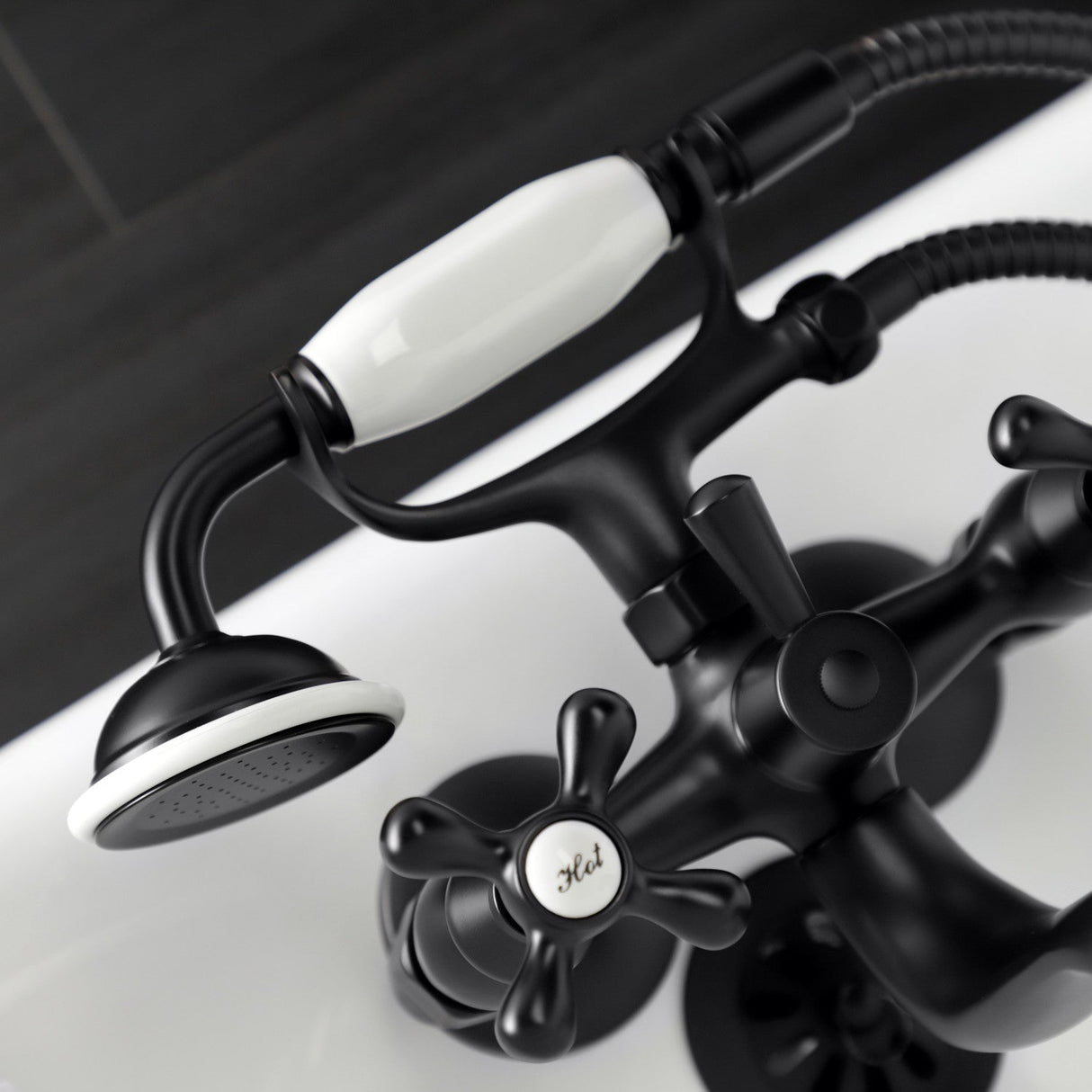 Kingston KS225MB Three-Handle 2-Hole Tub Wall Mount Clawfoot Tub Faucet with Handshower, Matte Black