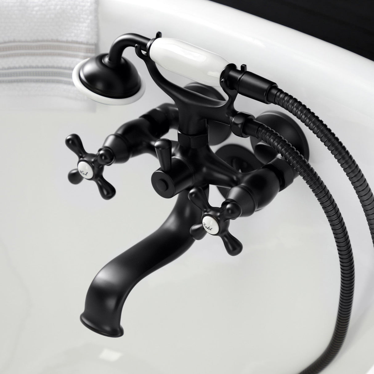 Kingston KS225MB Three-Handle 2-Hole Tub Wall Mount Clawfoot Tub Faucet with Handshower, Matte Black