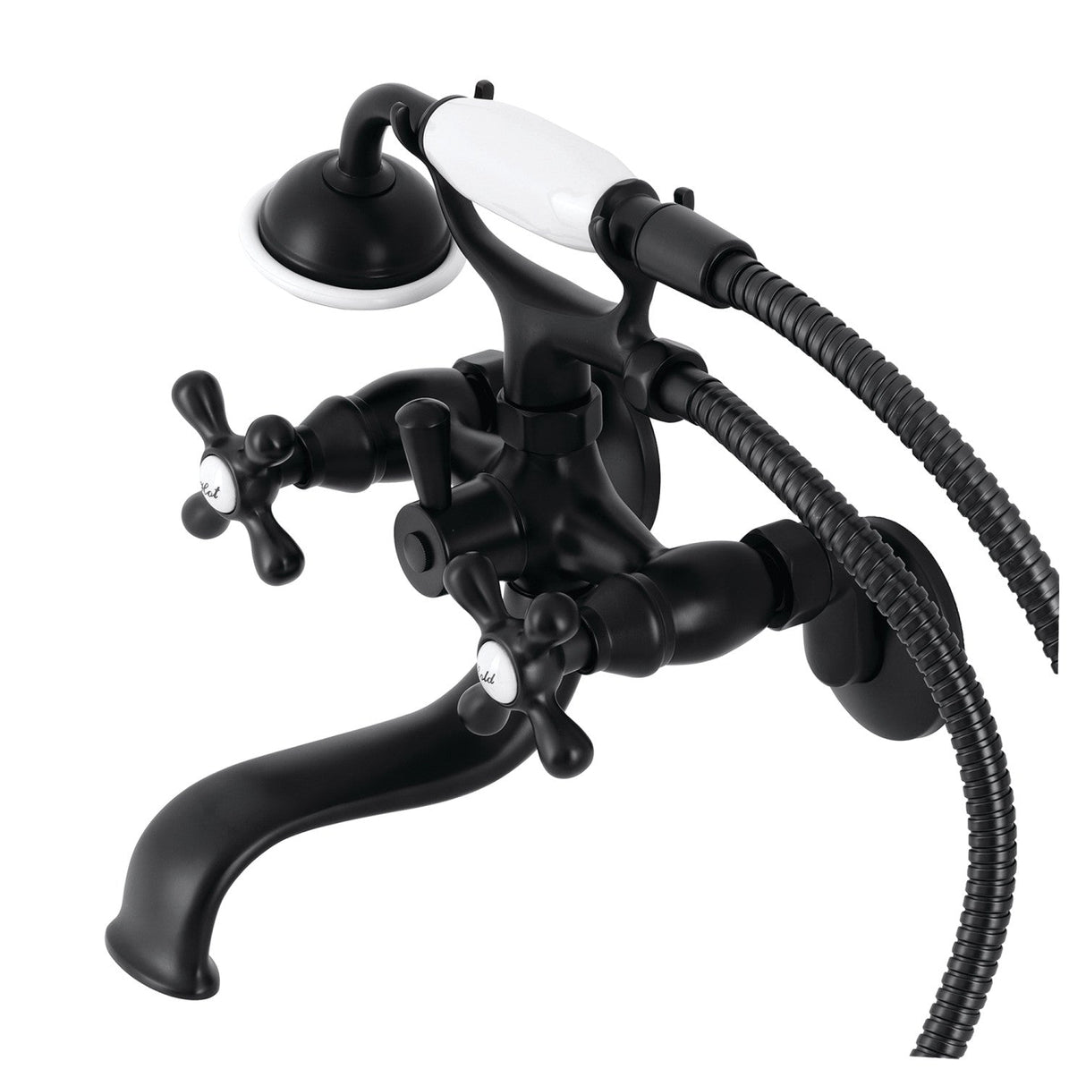 Kingston KS225MB Three-Handle 2-Hole Tub Wall Mount Clawfoot Tub Faucet with Handshower, Matte Black