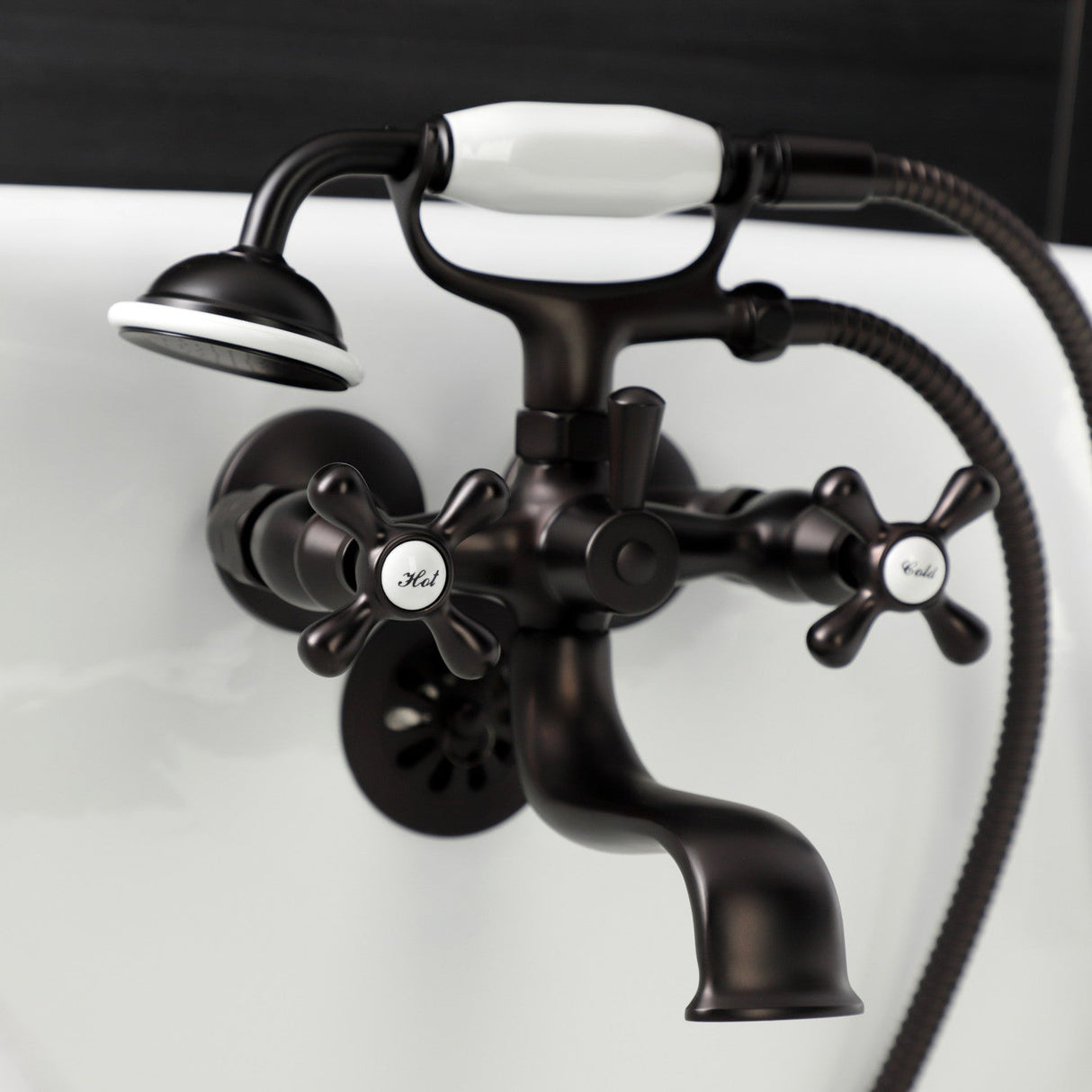 Kingston KS225ORB Three-Handle 2-Hole Tub Wall Mount Clawfoot Tub Faucet with Handshower, Oil Rubbed Bronze