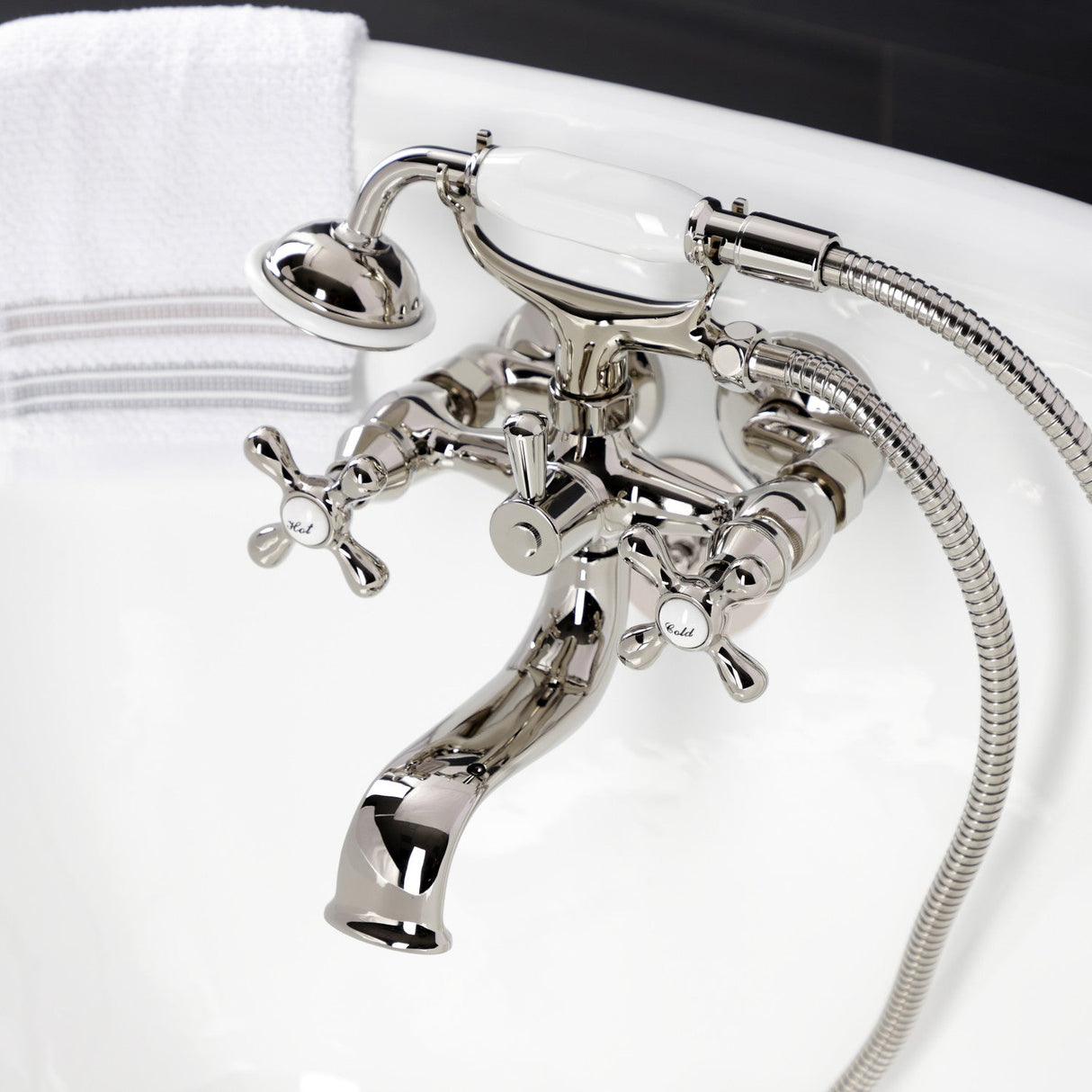 Kingston KS225PN Three-Handle 2-Hole Tub Wall Mount Clawfoot Tub Faucet with Handshower, Polished Nickel