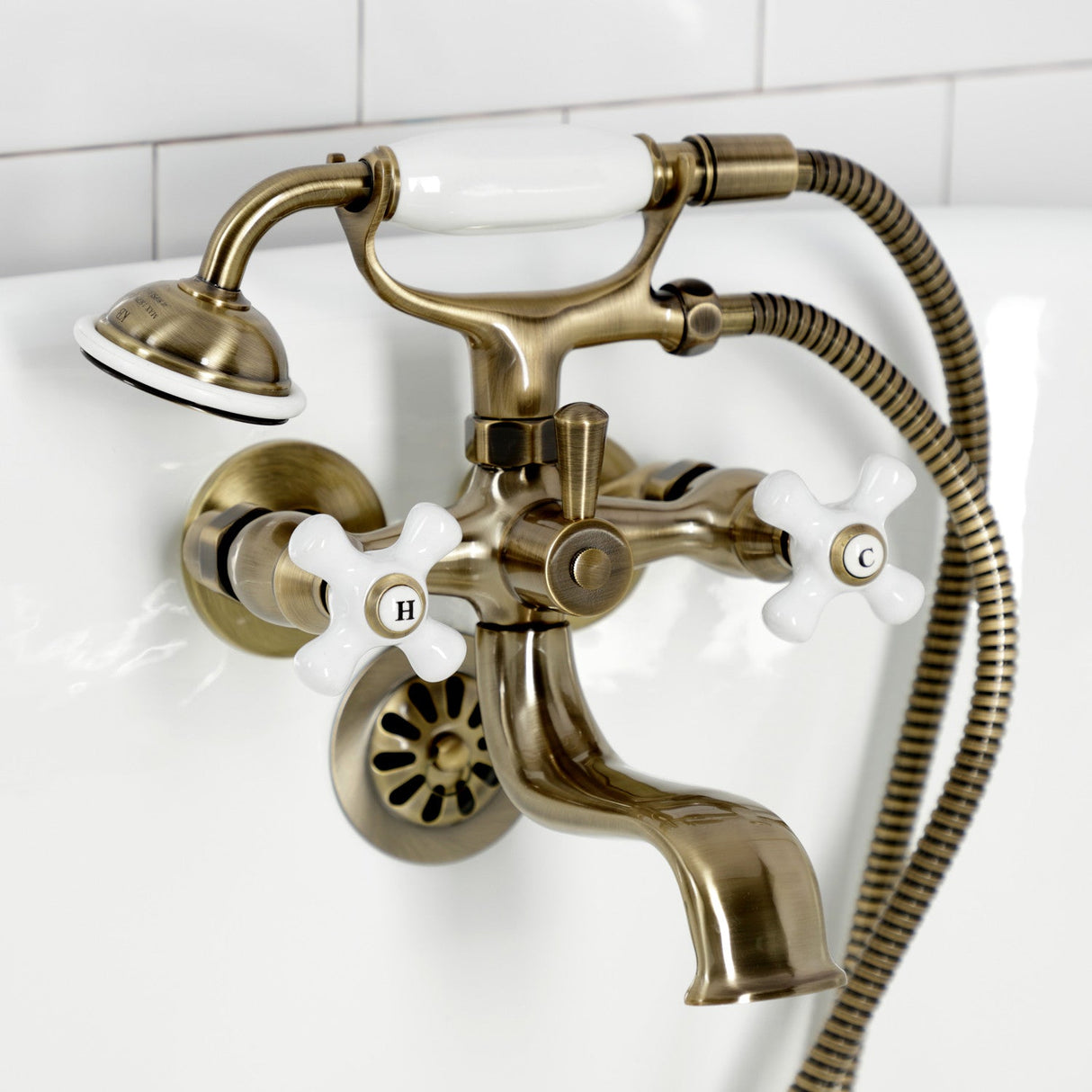 Kingston KS225PXAB Three-Handle 2-Hole Tub Wall Mount Clawfoot Tub Faucet with Hand Shower, Antique Brass
