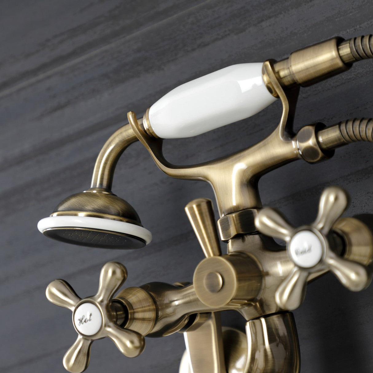 Kingston KS226AB Two-Handle Clawfoot Tub Faucet with Hand Shower, Antique Brass