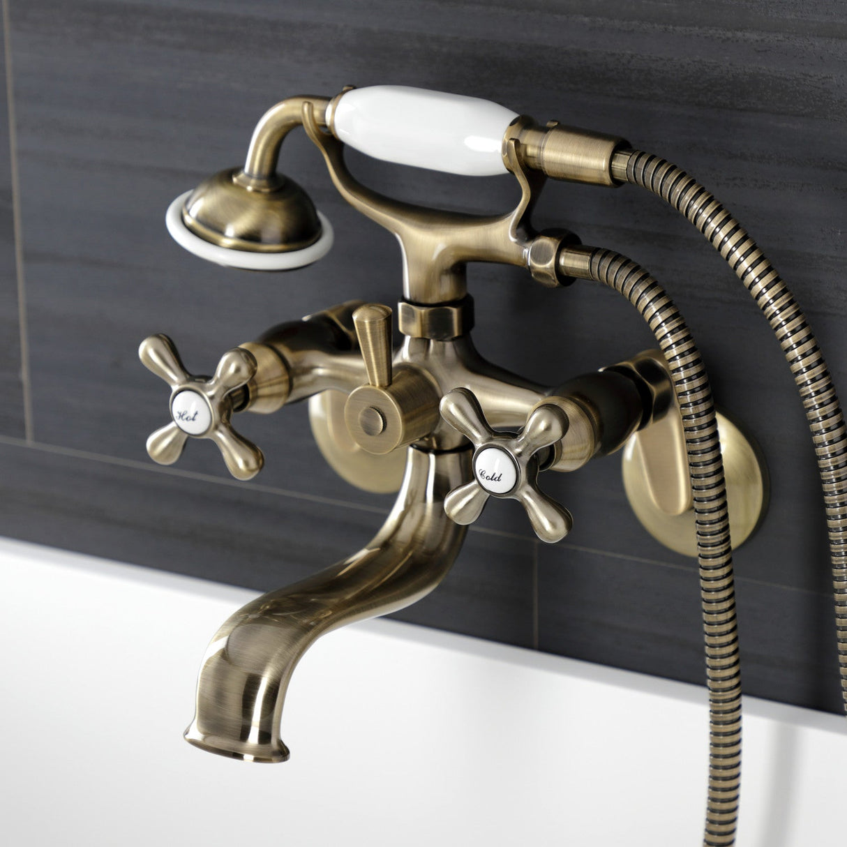 Kingston KS226AB Two-Handle Clawfoot Tub Faucet with Hand Shower, Antique Brass