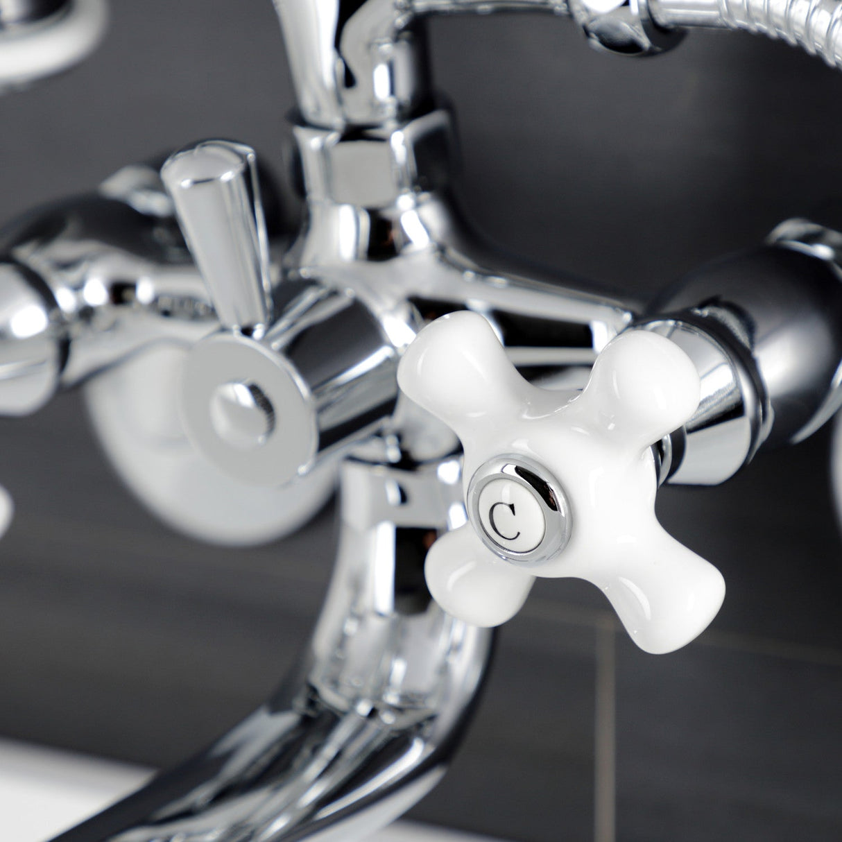 Kingston KS226PXC Three-Handle 2-Hole Wall Mount Clawfoot Tub Faucet with Hand Shower, Polished Chrome