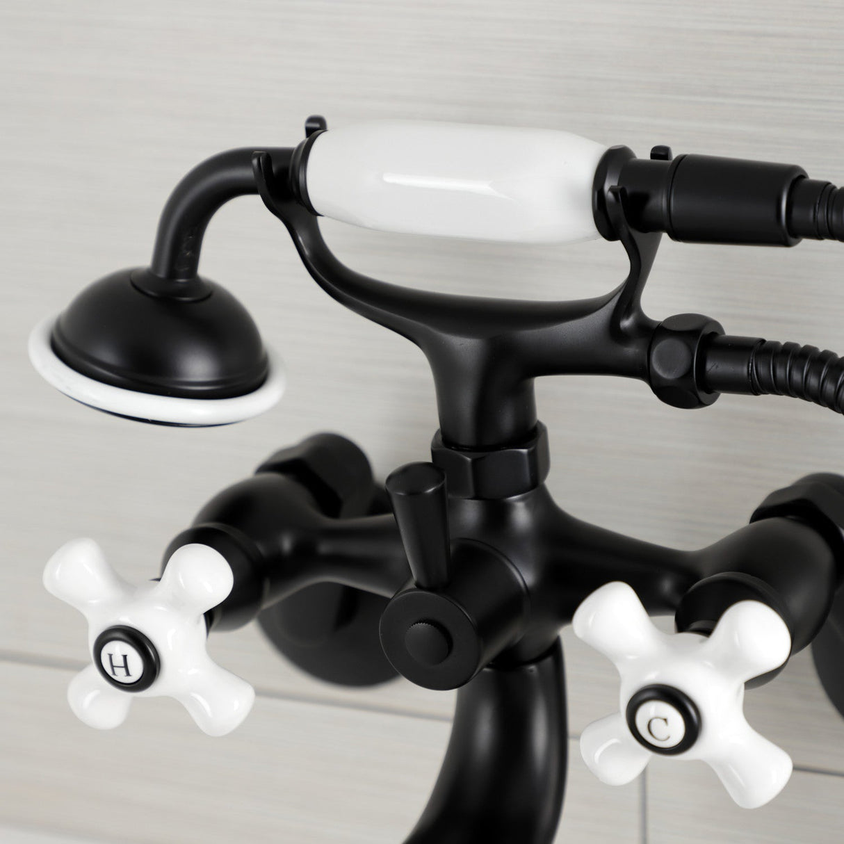 Kingston KS226PXMB Three-Handle 2-Hole Wall Mount Clawfoot Tub Faucet with Hand Shower, Matte Black