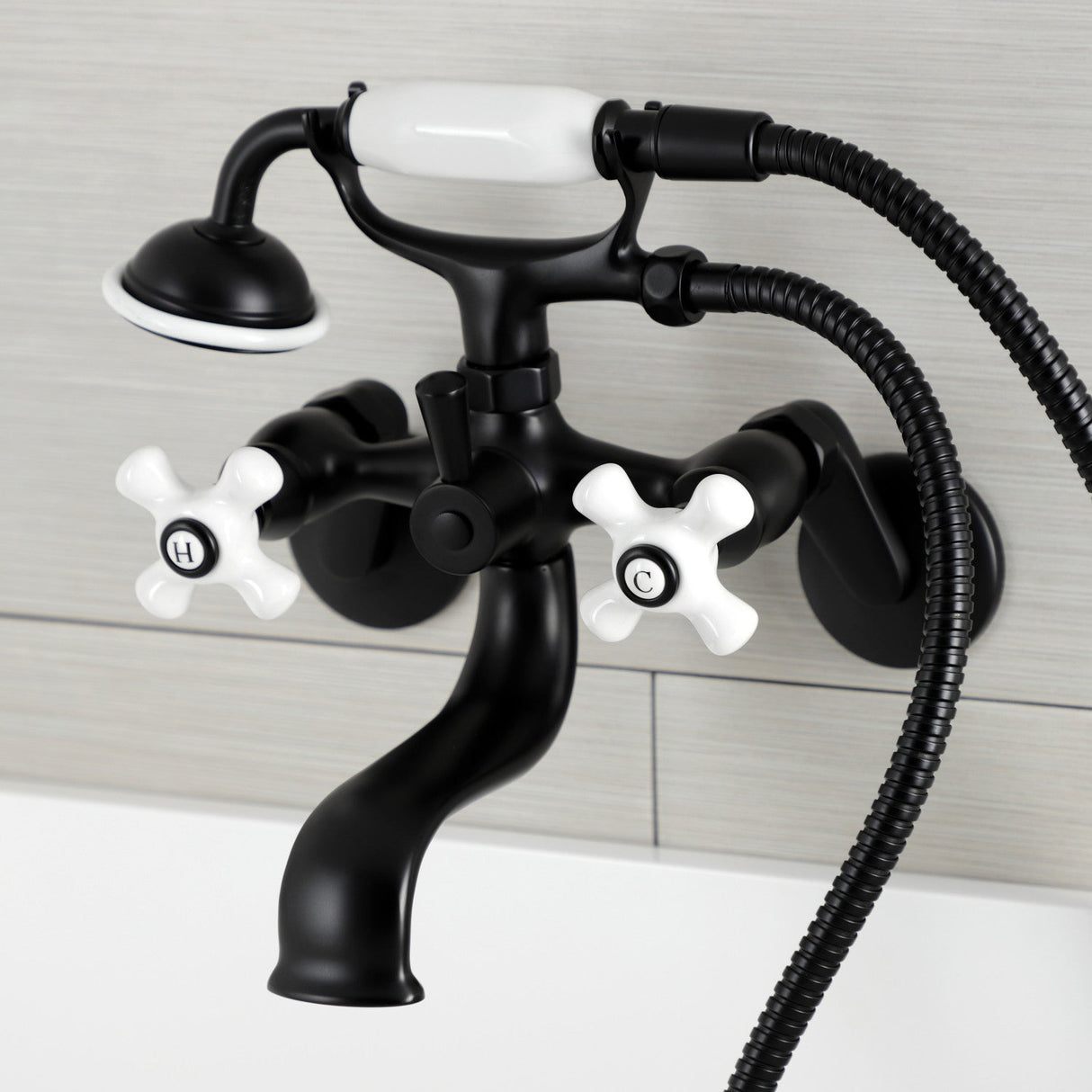 Kingston KS226PXMB Three-Handle 2-Hole Wall Mount Clawfoot Tub Faucet with Hand Shower, Matte Black