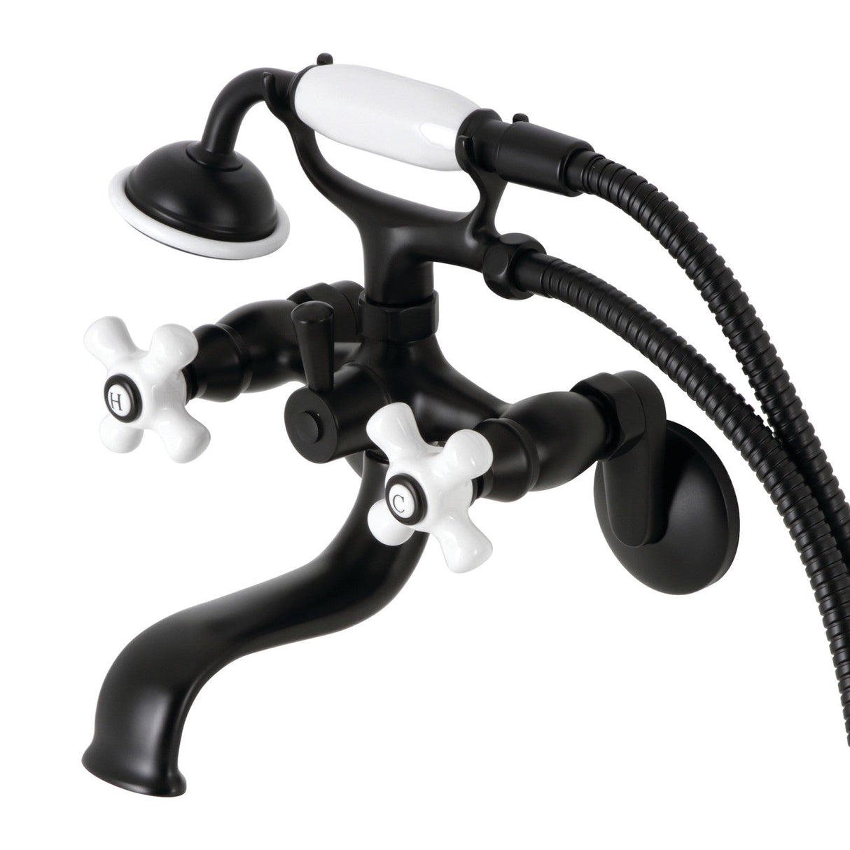 Kingston KS226PXMB Three-Handle 2-Hole Wall Mount Clawfoot Tub Faucet with Hand Shower, Matte Black