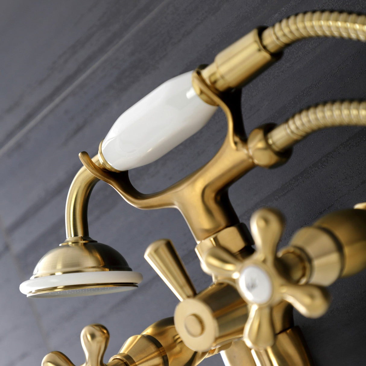 Kingston KS226SB Two-Handle Clawfoot Tub Faucet with Hand Shower, Brushed Brass