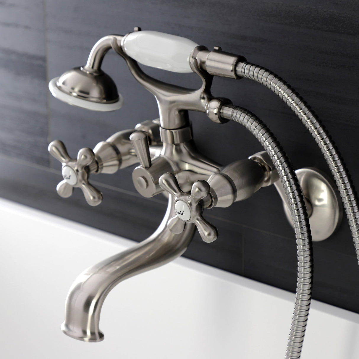 Kingston KS226SN Two-Handle Clawfoot Tub Faucet with Hand Shower, Brushed Nickel