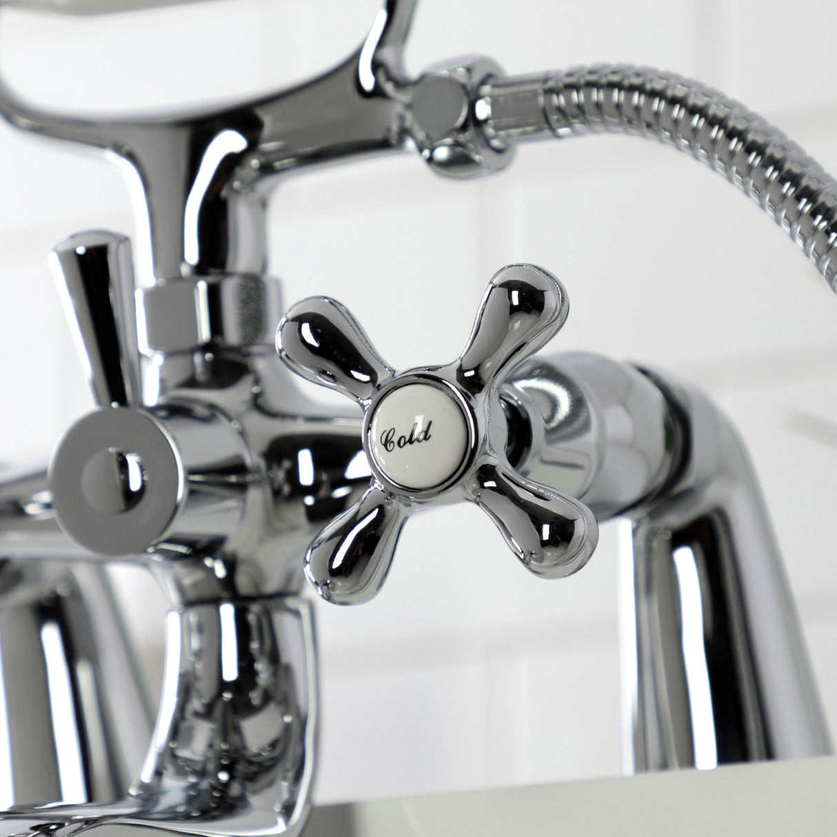 Kingston KS227C Three-Handle 2-Hole Deck Mount Clawfoot Tub Faucet with Handshower, Polished Chrome