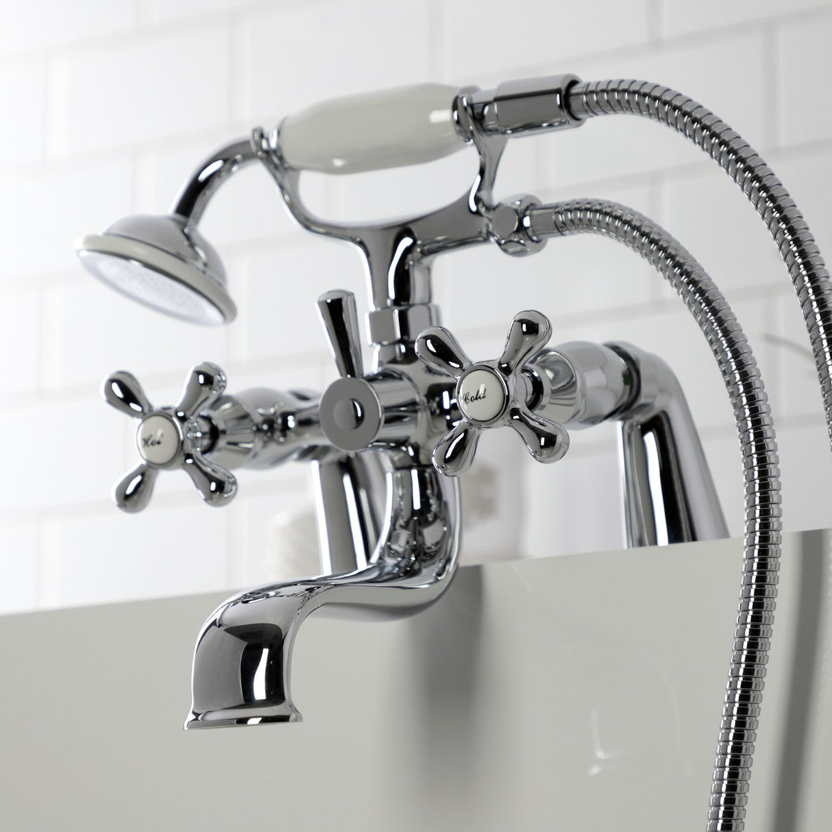 Kingston KS227C Three-Handle 2-Hole Deck Mount Clawfoot Tub Faucet with Handshower, Polished Chrome