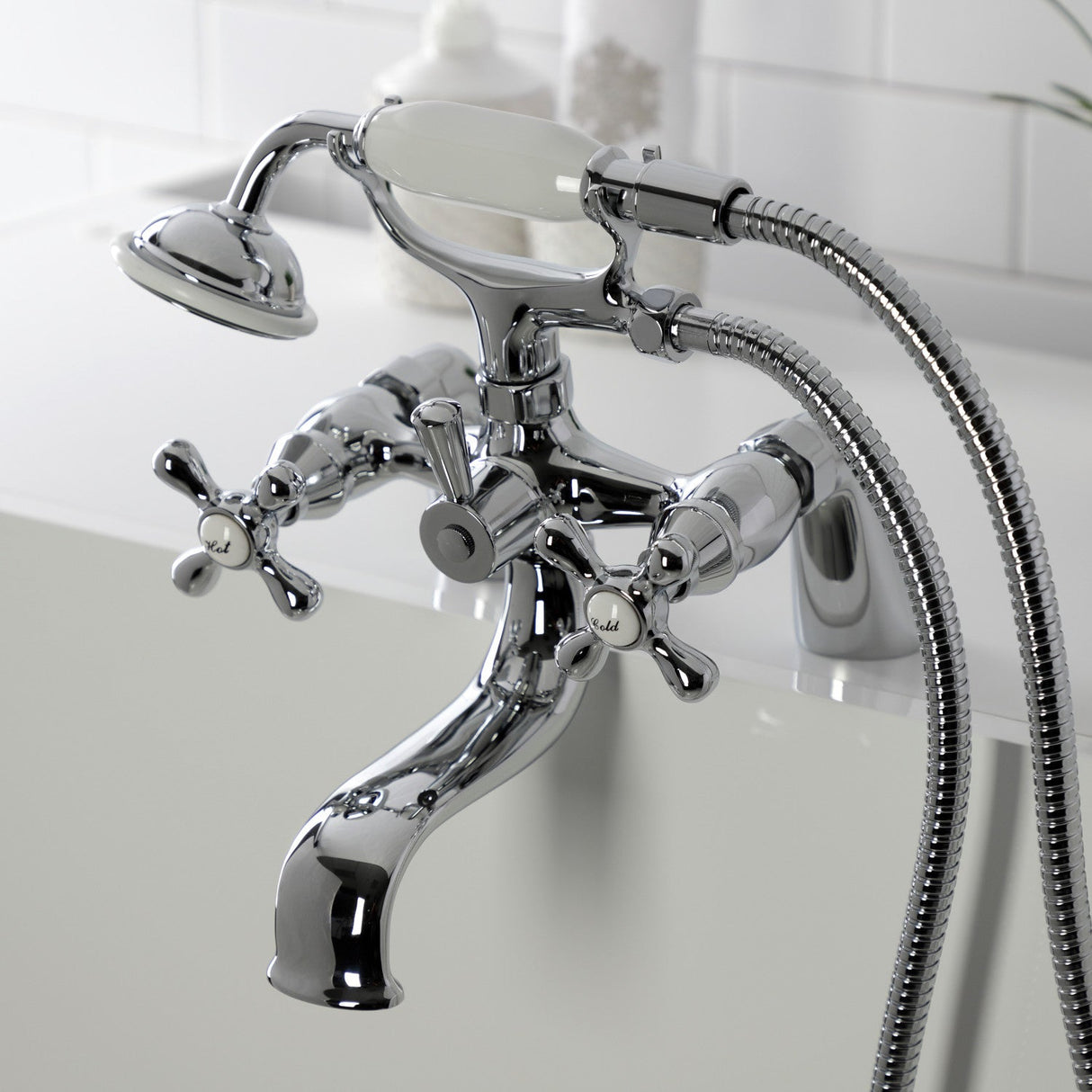 Kingston KS227C Three-Handle 2-Hole Deck Mount Clawfoot Tub Faucet with Handshower, Polished Chrome