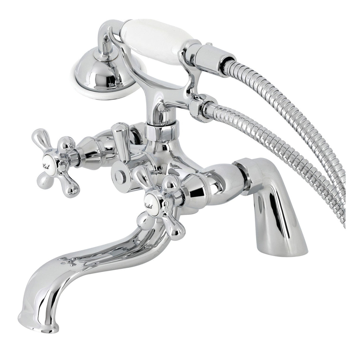 Kingston KS227C Three-Handle 2-Hole Deck Mount Clawfoot Tub Faucet with Handshower, Polished Chrome
