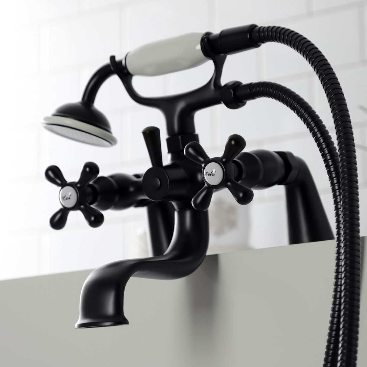 Kingston KS227MB Three-Handle 2-Hole Deck Mount Clawfoot Tub Faucet with Handshower, Matte Black