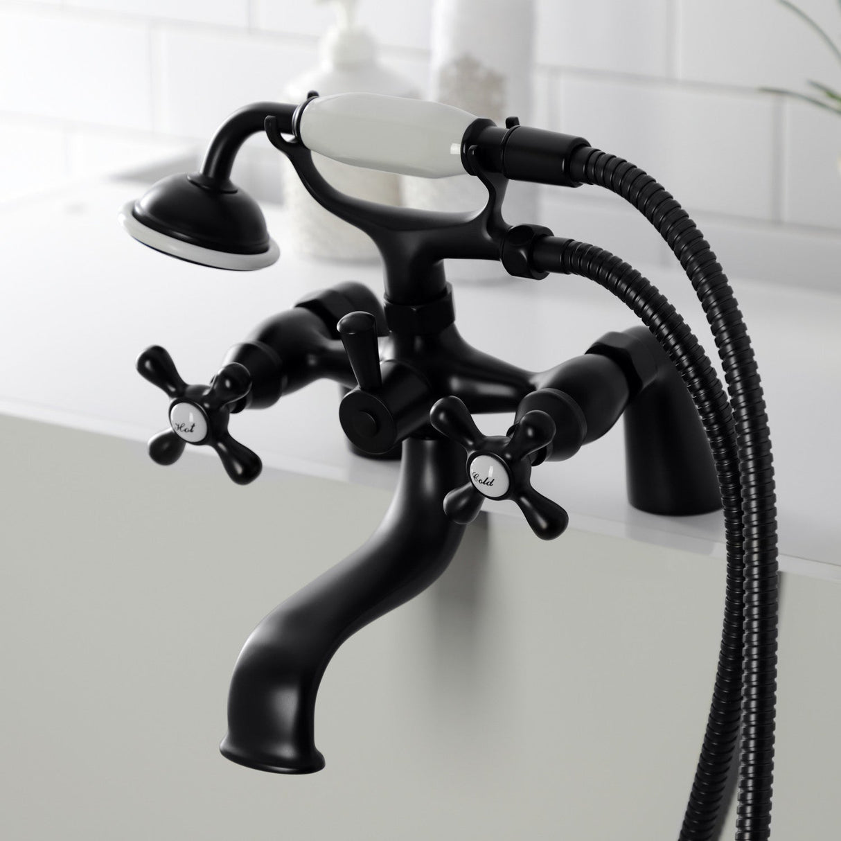 Kingston KS227MB Three-Handle 2-Hole Deck Mount Clawfoot Tub Faucet with Handshower, Matte Black