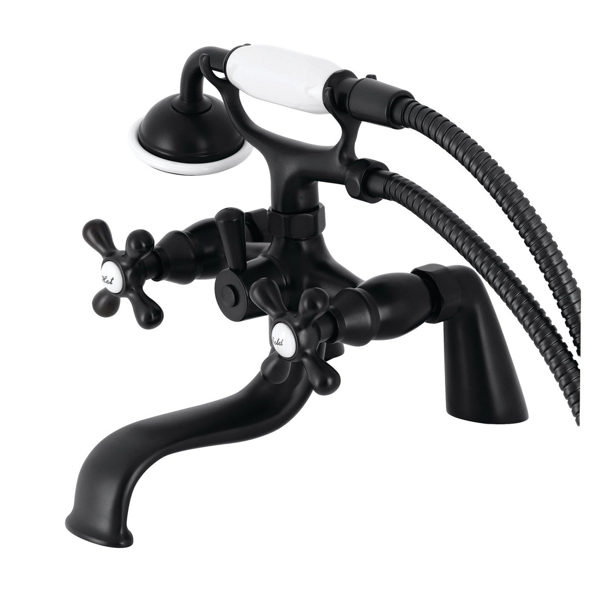 Kingston KS227MB Three-Handle 2-Hole Deck Mount Clawfoot Tub Faucet with Handshower, Matte Black