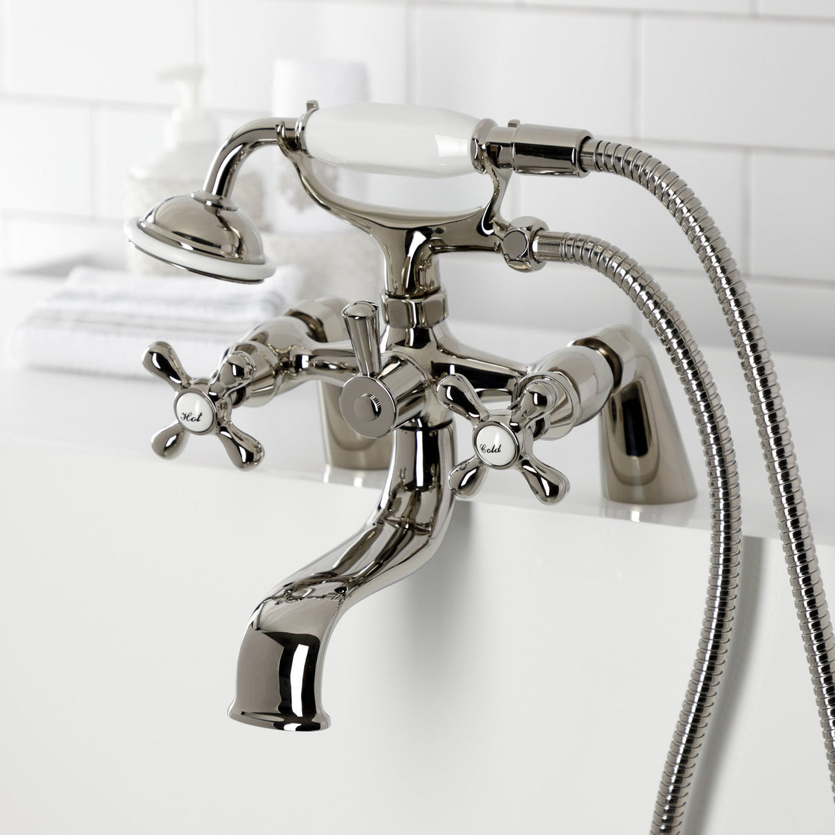 Kingston KS227PN Three-Handle 2-Hole Deck Mount Clawfoot Tub Faucet with Handshower, Polished Nickel