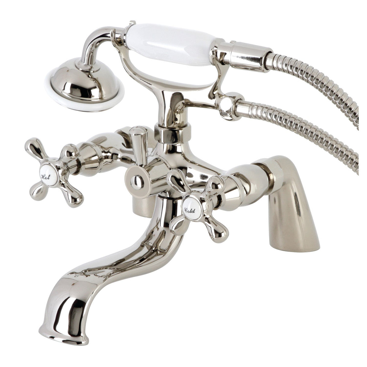 Kingston KS227PN Three-Handle 2-Hole Deck Mount Clawfoot Tub Faucet with Handshower, Polished Nickel