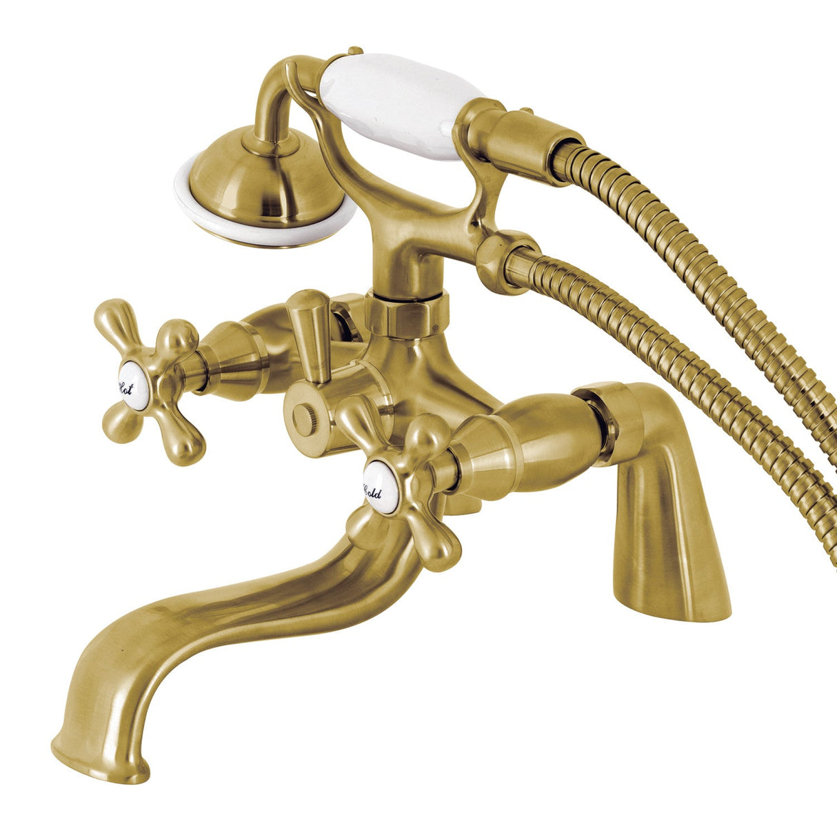 Kingston KS227SB Three-Handle 2-Hole Deck Mount Clawfoot Tub Faucet with Handshower, Brushed Brass