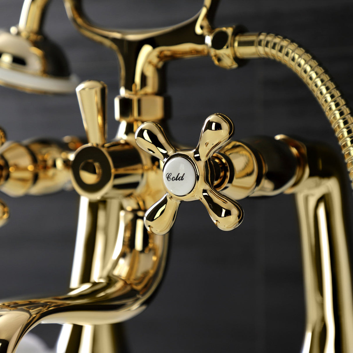 Kingston KS228PB Three-Handle 2-Hole Deck Mount Clawfoot Tub Faucet with Handshower, Polished Brass