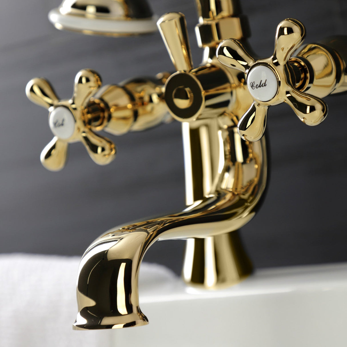 Kingston KS228PB Three-Handle 2-Hole Deck Mount Clawfoot Tub Faucet with Handshower, Polished Brass