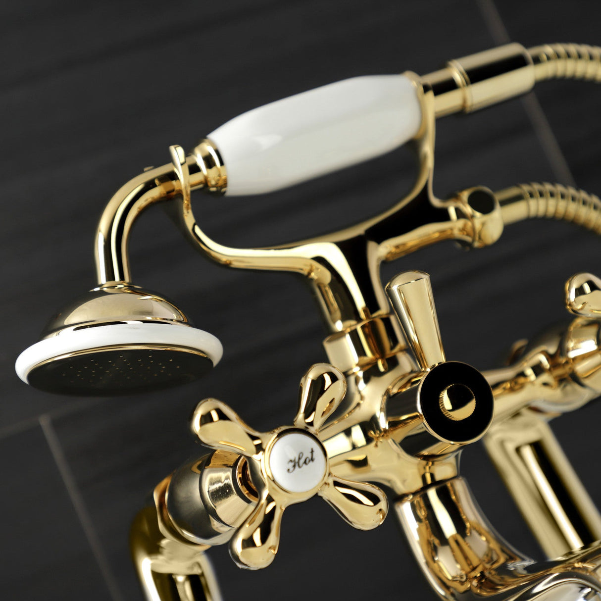 Kingston KS228PB Three-Handle 2-Hole Deck Mount Clawfoot Tub Faucet with Handshower, Polished Brass