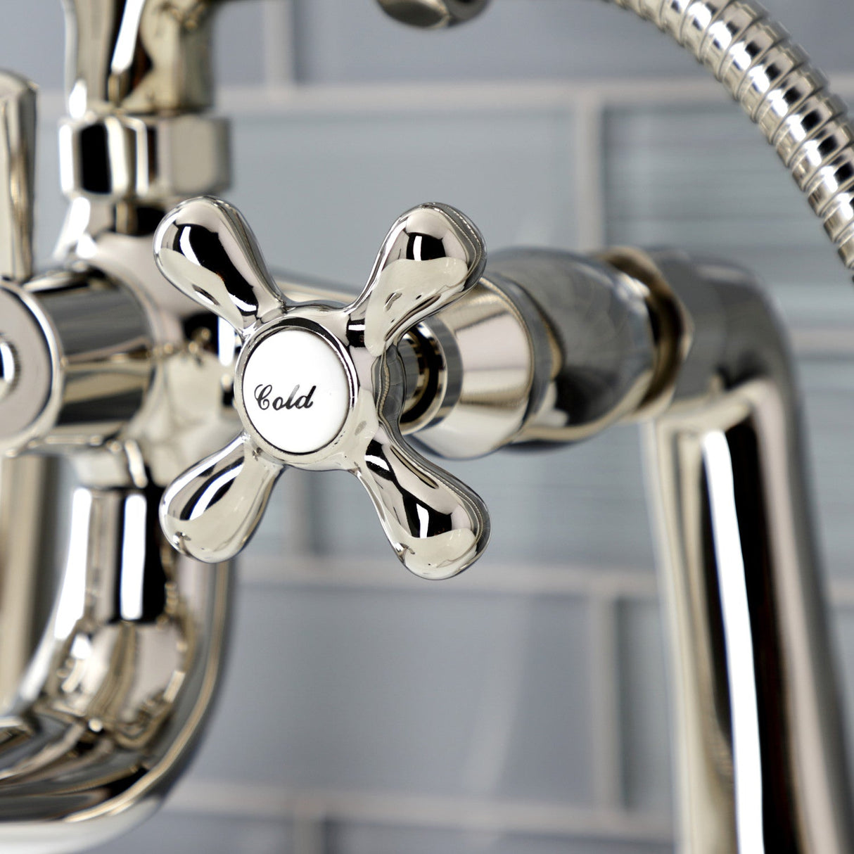 Kingston KS228PN Three-Handle 2-Hole Deck Mount Clawfoot Tub Faucet with Handshower, Polished Nickel