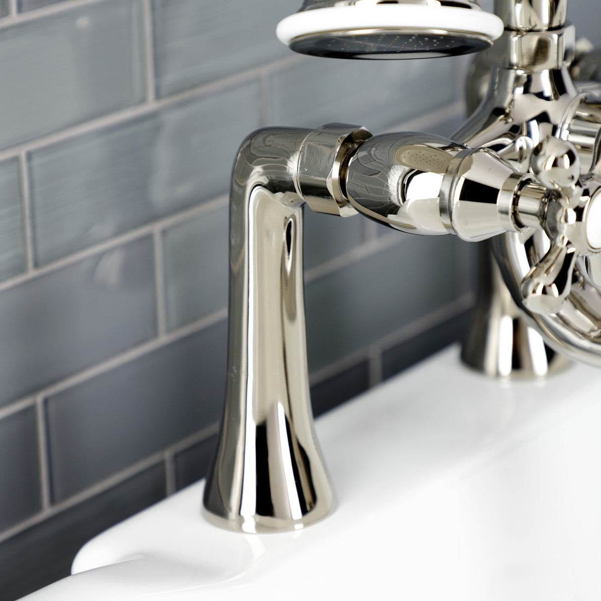 Kingston KS228PN Three-Handle 2-Hole Deck Mount Clawfoot Tub Faucet with Handshower, Polished Nickel