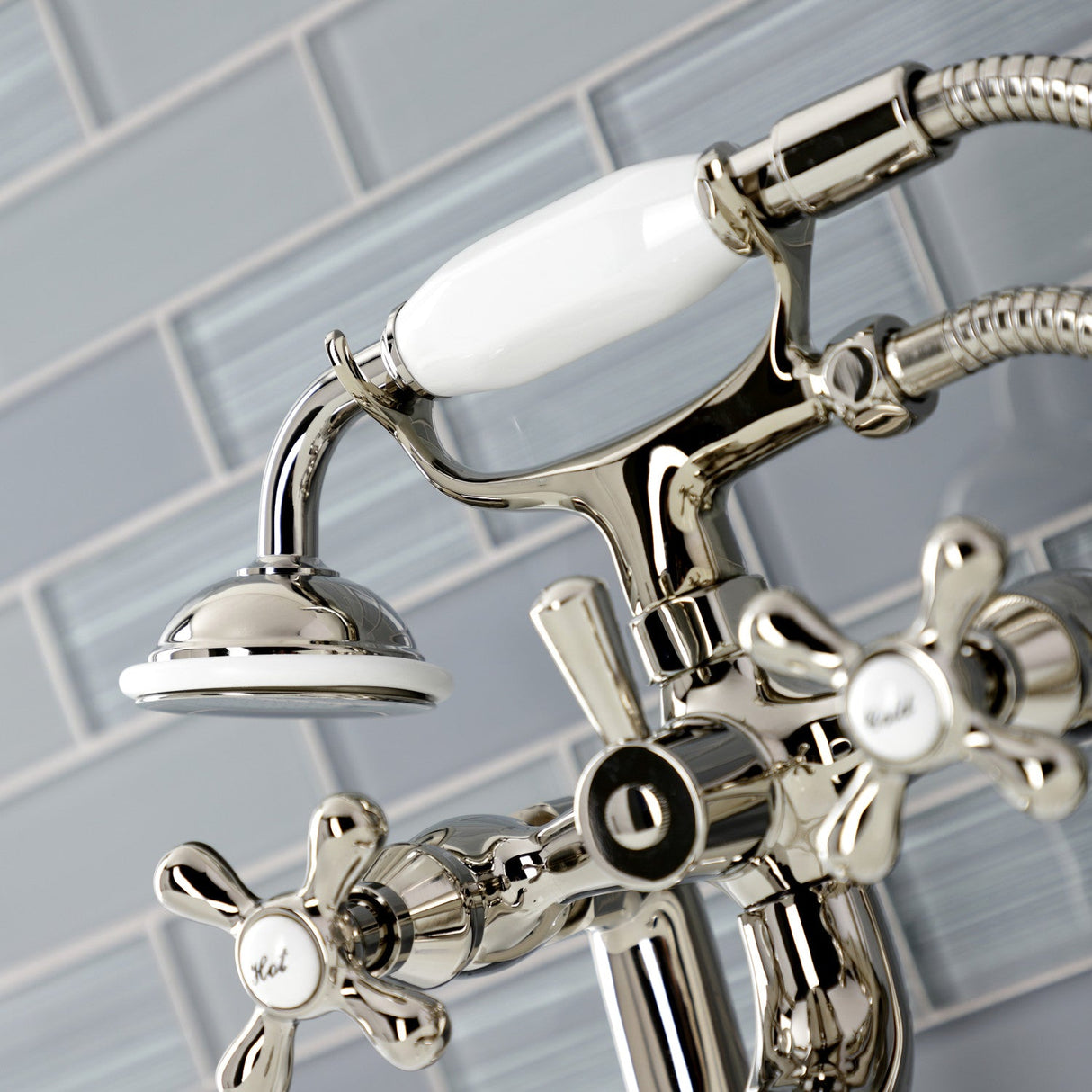 Kingston KS228PN Three-Handle 2-Hole Deck Mount Clawfoot Tub Faucet with Handshower, Polished Nickel