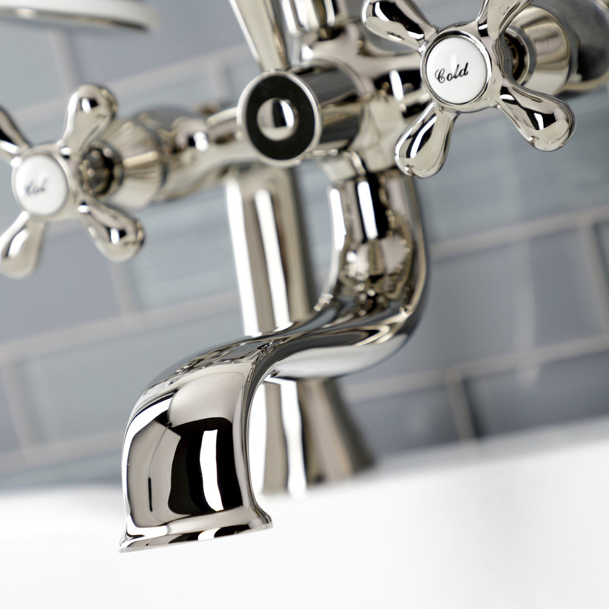 Kingston KS228PN Three-Handle 2-Hole Deck Mount Clawfoot Tub Faucet with Handshower, Polished Nickel